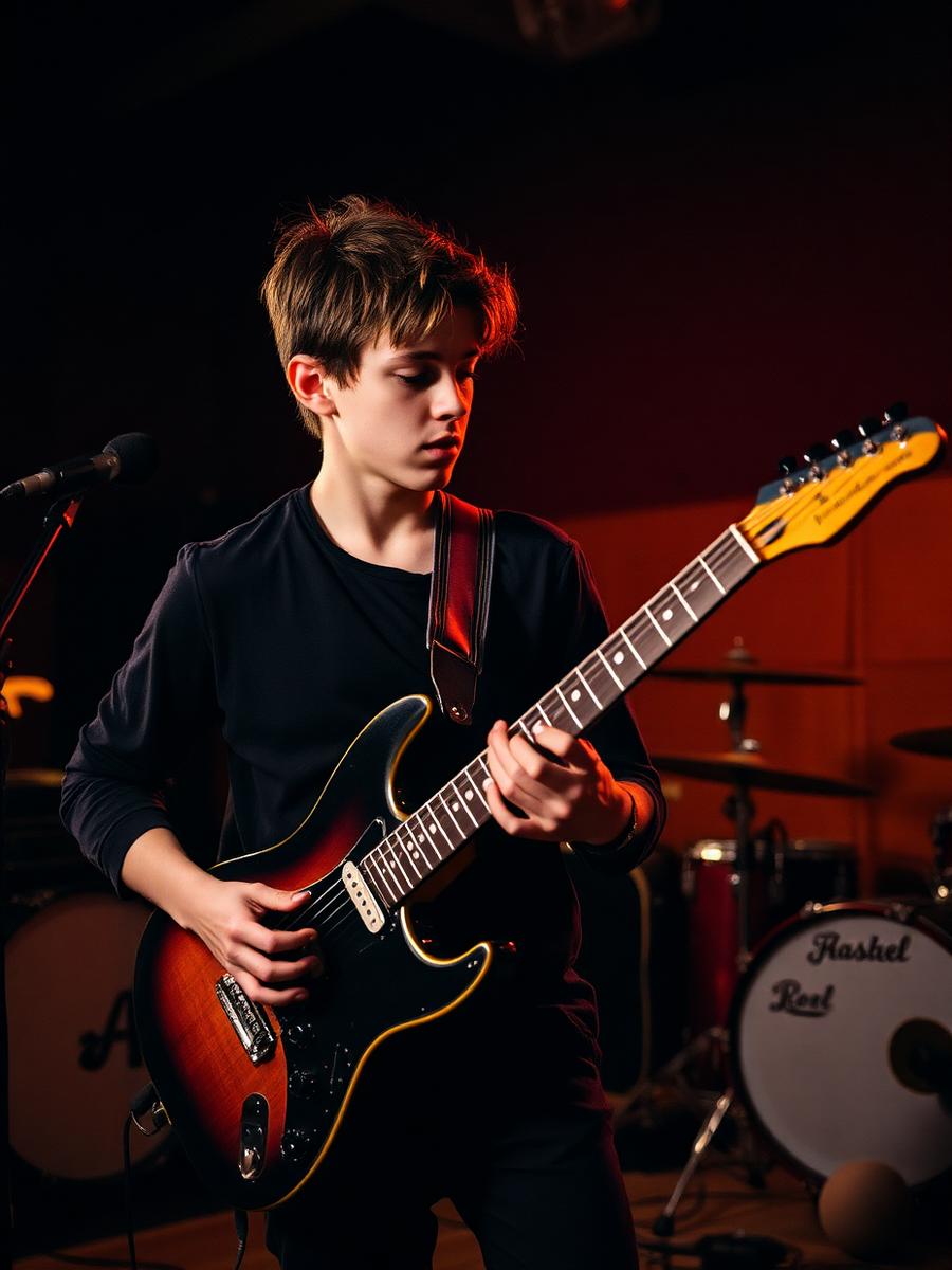 Músico tocando guitarra eléctrica en sala de ensayo